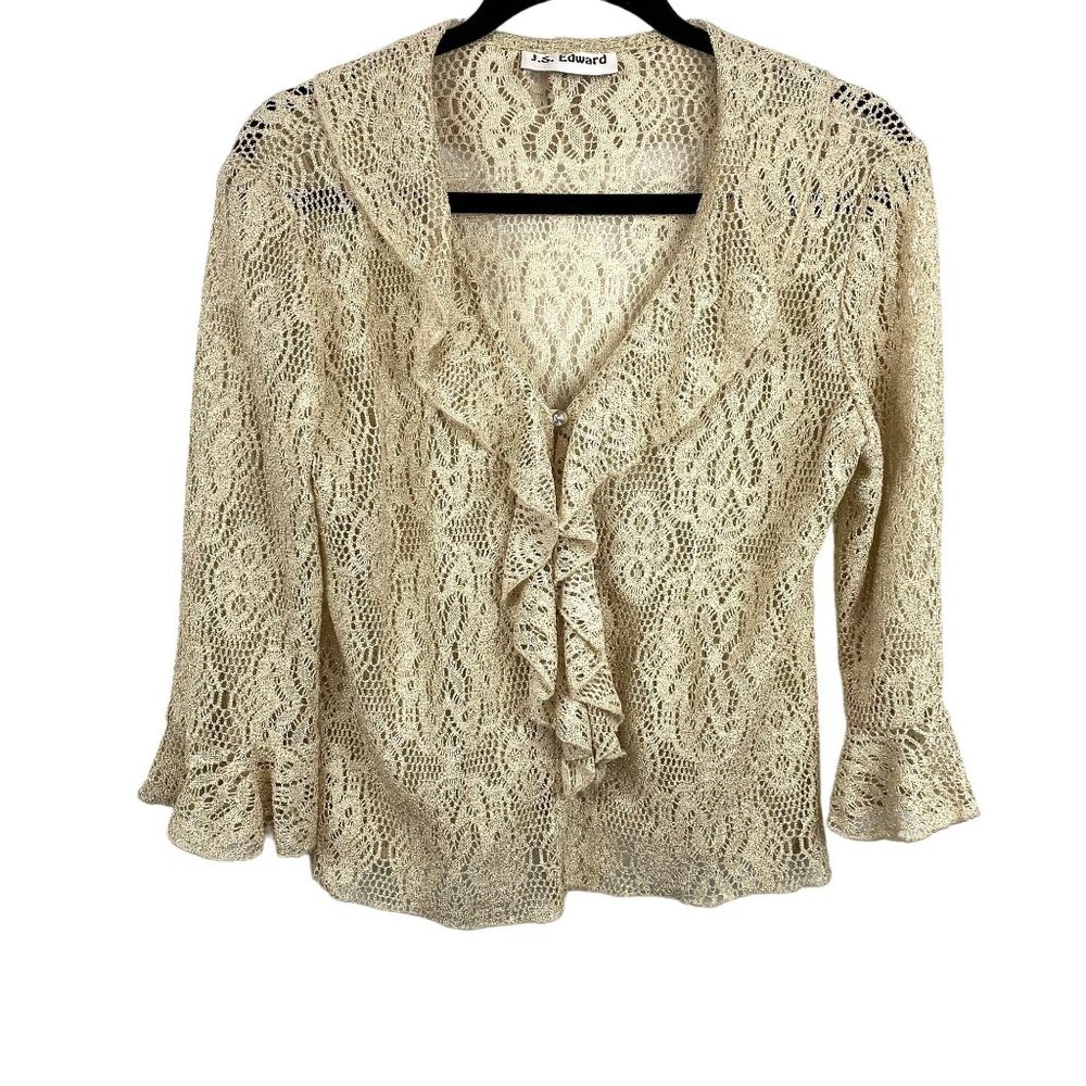Womens Small Y2K Beige Lace Ruffle Blouse Cardigan Flared 3/4 Sleeves